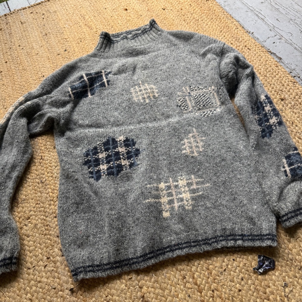 Vintage Eddie Bauer Mens Gray 100% Wool Mock Neck Plaid Intarsia Sweater Large
